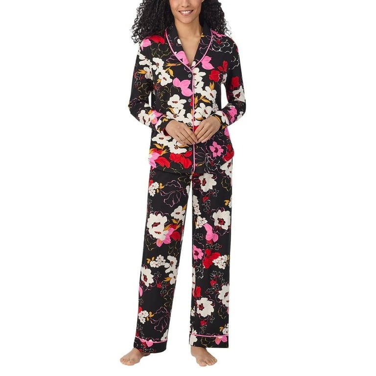 Room Service Women's Shawl Collar Pajama Set - Black And Pink Floral
